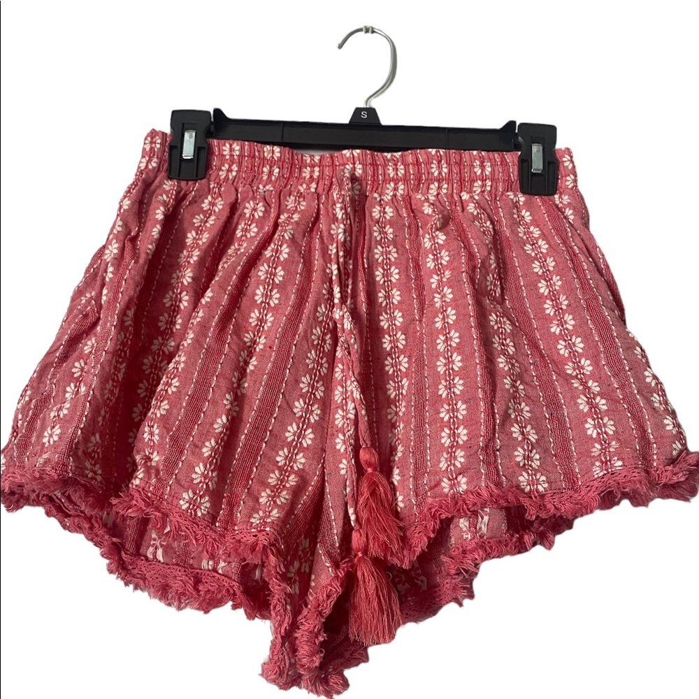 Lush Salmon Colored Slip On Shorts with Fringe